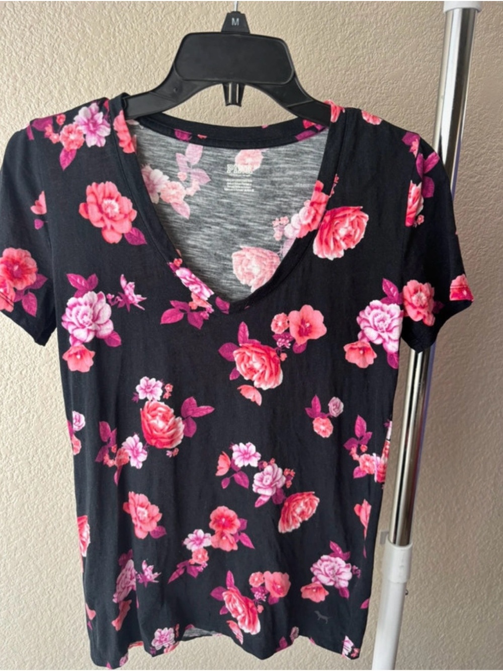 PINK Victoria's Secret Black V-Neck Tee with Pink Floral Print